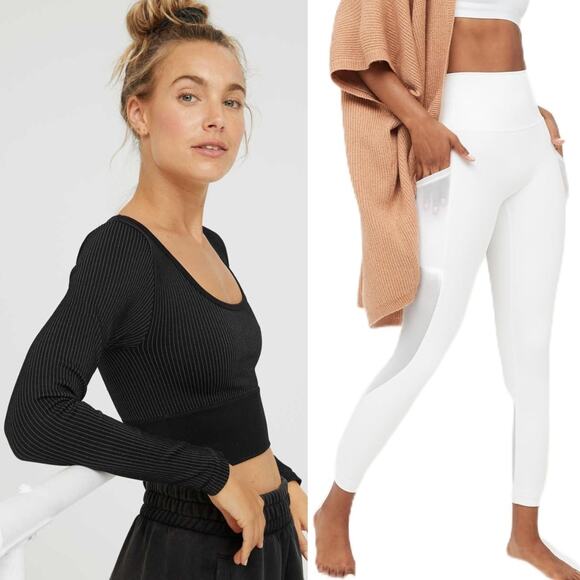 NWT Aerie Sidewalk Seamless Ribbed Crop Tee & Goals High Rise Leggings Bundle L - Picture 1 of 12